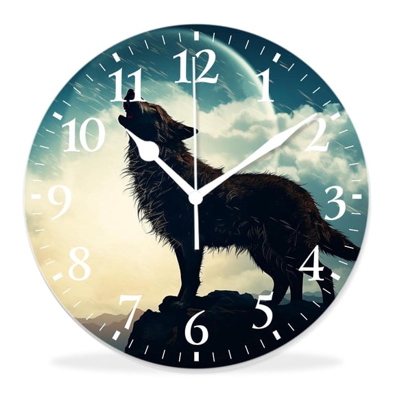 16 Inch Wall Clock Battery Operated Silent Clock Decorative for Office, Kitchen, Outdoor, Living Room,Wolves and Full Moon Creative Pattern