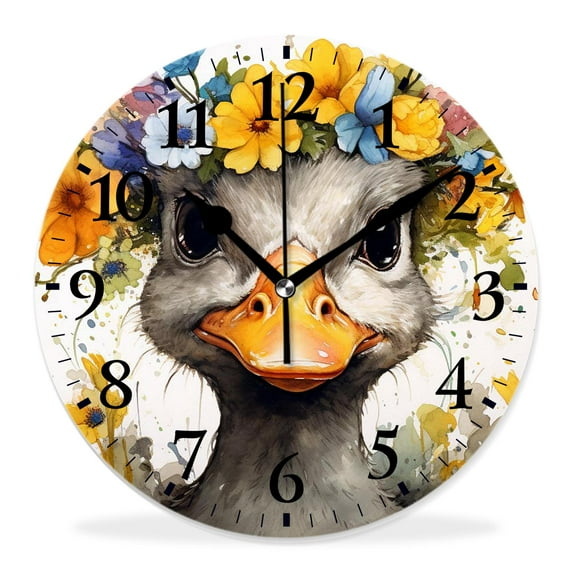 16 Inch Wall Clock Battery Operated Silent Clock Decorative for Office, Kitchen, Outdoor, Living Room,Yellow Duck with a Floral Wreath Image