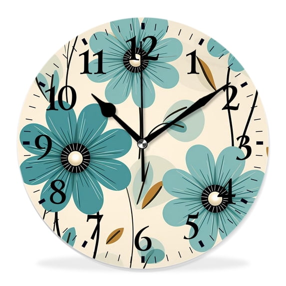 16 Inch Wall Clock Battery Operated Silent Clock Decorative for Office, Kitchen, Outdoor, Living Room,Green Flower Grunge Floral Doodles Circles and Lines Painting
