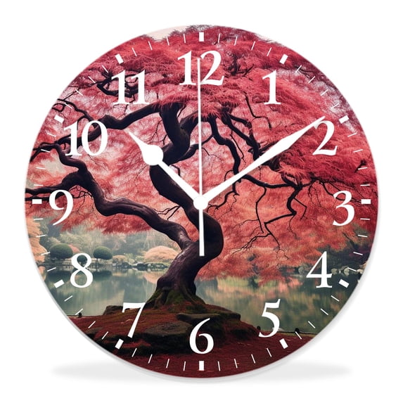 16 Inch Wall Clock Battery Operated Silent Clock Decorative for Office, Kitchen, Outdoor, Living Room,Japanese Aged Red Leaf Maple Moss Garden Scenery in Autumn Design
