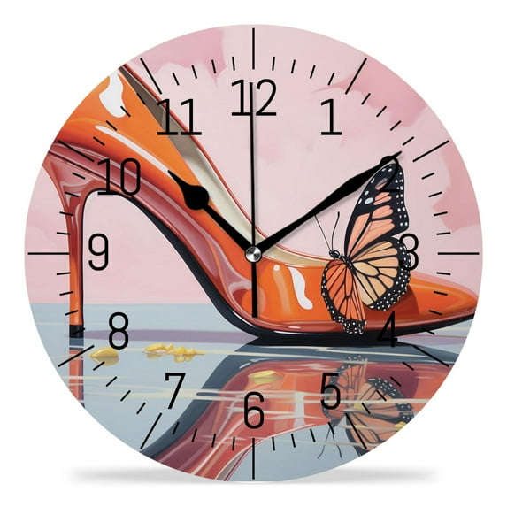 16 Inch Wall Clock Battery Operated Silent Clock Decorative for Office, Kitchen, Outdoor, Living Room,Pink High Heel Shoes Butterfly Beautiful Pattern