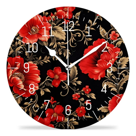16 Inch Wall Clock Battery Operated Silent Clock Decorative for Office, Kitchen, Outdoor, Living Room,Red Hibiscus Flowers Green Leaves on Black Lovely Design