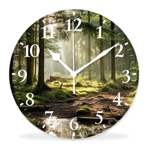 16 Inch Wall Clock Battery Operated Silent Clock Decorative for Office, Kitchen, Outdoor, Living Room,forest in Spring Time Sunset Moss Woods Leaf Fantasy View Style