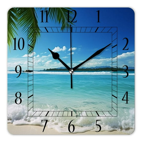 16 Inch Wall Clock Battery Operated Square Clock Decorative for Office, Kitchen, Outdoor, Living Room,Beach Ocean and Palm Leaf Exquisite Art
