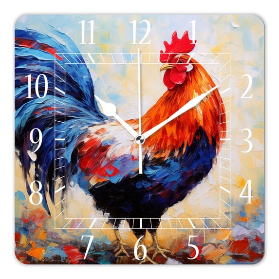 16 Inch Wall Clock Battery Operated Square Clock Decorative for Office, Kitchen, Outdoor, Living Room，Colorful Rooster Cute Art