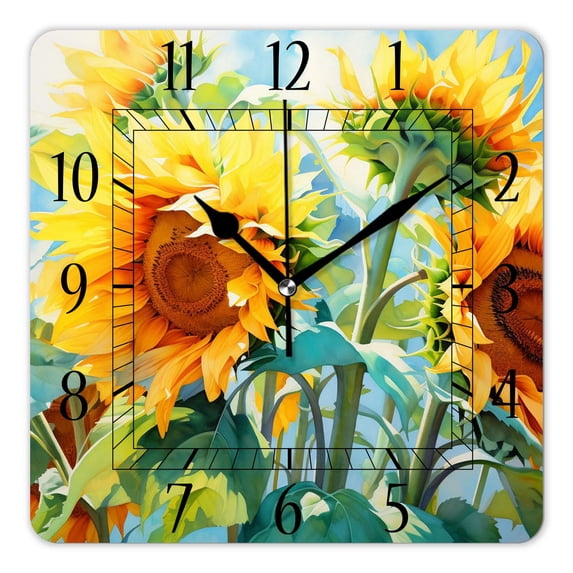 16 Inch Wall Clock Battery Operated Square Clock Decorative for Office, Kitchen, Outdoor, Living Room,Cute Sunflower Yellow on Green Image