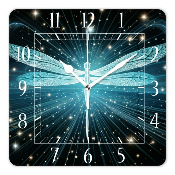 16 Inch Wall Clock Battery Operated Square Clock Decorative for Office, Kitchen, Outdoor, Living Room,Dragonfly Shiny Abstract Art