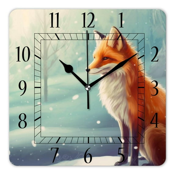 16 Inch Wall Clock Battery Operated Square Clock Decorative for Office, Kitchen, Outdoor, Living Room,Fox and Snowflakes Flowers Multicolor
