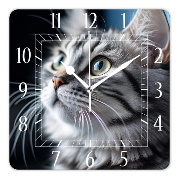 16 Inch Wall Clock Battery Operated Square Clock Decorative for Office, Kitchen, Outdoor, Living Room,Gray Cat with Green Eyes Art