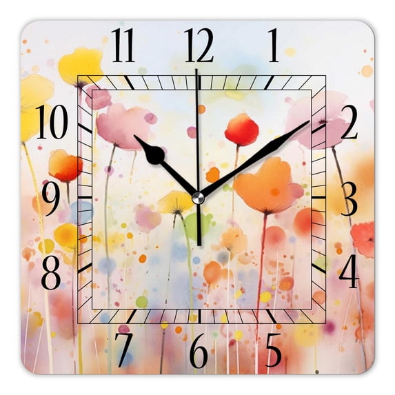 16 Inch Wall Clock Battery Operated Square Clock Decorative for Office, Kitchen, Outdoor, Living Room,Grunge Watercolor Poppy Flowers Design