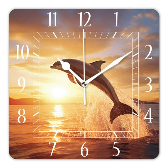 16 Inch Wall Clock Battery Operated Square Clock Decorative for Office, Kitchen, Outdoor, Living Room,Jumping Dolphin Art