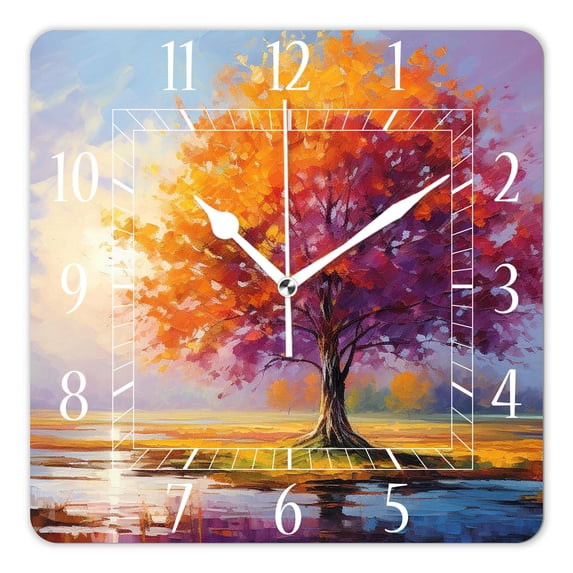 16 Inch Wall Clock Battery Operated Square Clock Decorative for Office, Kitchen, Outdoor, Living Room,Oil Painting Landscape Colorful Tree Print