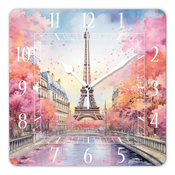 16 Inch Wall Clock Battery Operated Square Clock Decorative for Office, Kitchen, Outdoor, Living Room,Oil Painting Paris France City Eiffel Tower Art