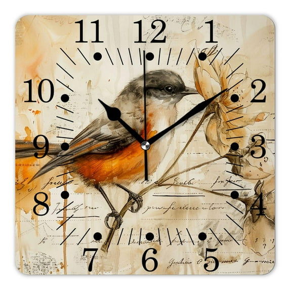 16 Inch Wall Clock Battery Operated Square Clock for Office, Kitchen, Outdoor, Living Room,Bird and Vintage Letter Elaborate