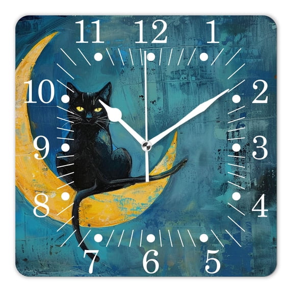 16 Inch Wall Clock Battery Operated Square Clock for Office, Kitchen, Outdoor, Living Room,Black Cat Starry Night Stars Chic