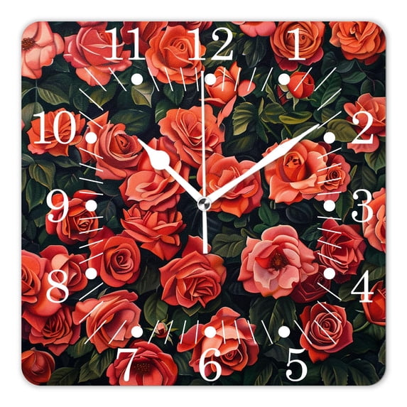 16 Inch Wall Clock Battery Operated Square Clock for Office, Kitchen, Outdoor, Living Room,Floral Pink Roses on White Creative