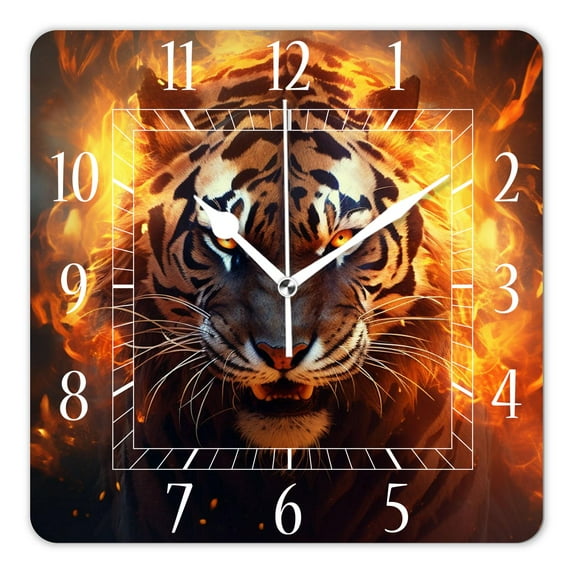 16 Inch Wall Clock Battery Operated Square Clock Decorative for Office, Kitchen, Outdoor, Living Room,Big Fire Tiger Walking and Roaring on Black Beautiful Pattern