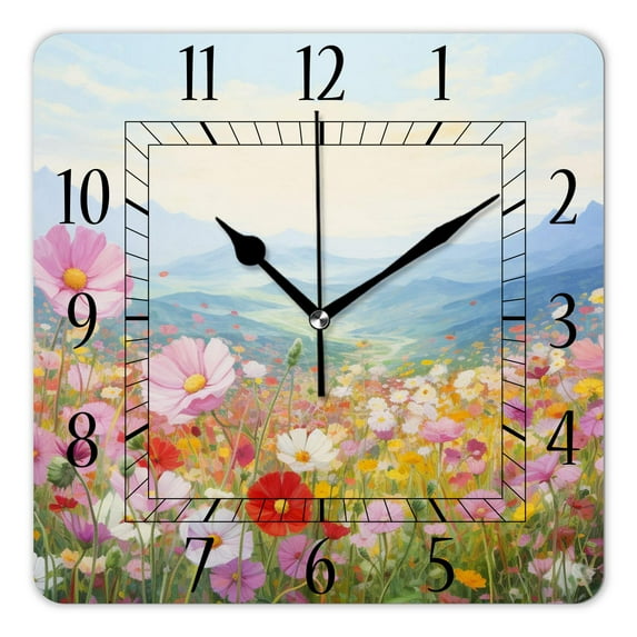16 Inch Wall Clock Battery Operated Square Clock Decorative for Office, Kitchen, Outdoor, Living Room,Daisy Flower Field in The Mountains Red Poppy Illustration