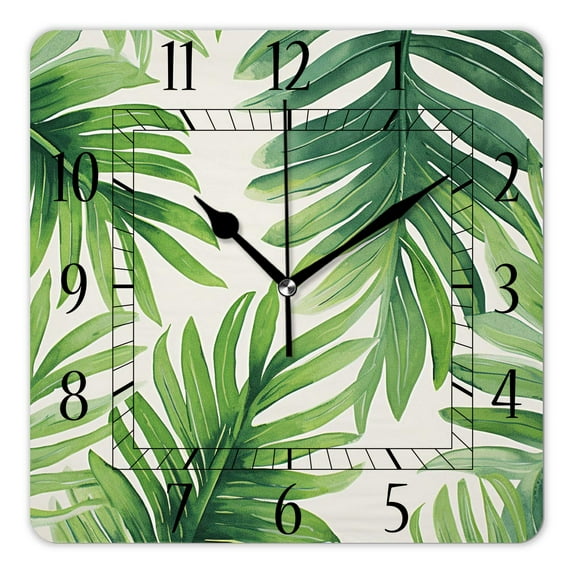 16 Inch Wall Clock Battery Operated Square Clock Decorative for Office, Kitchen, Outdoor, Living Room,Watercolor Palm Tree Leaves Summer Green Painting