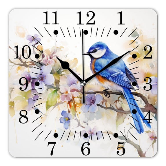 16 Inch Wall Clock Battery Operated Square Clock for Office, Kitchen, Outdoor, Living Room,Watercolor Bird Cornflower Flower Nature Floral Pattern Exquisite