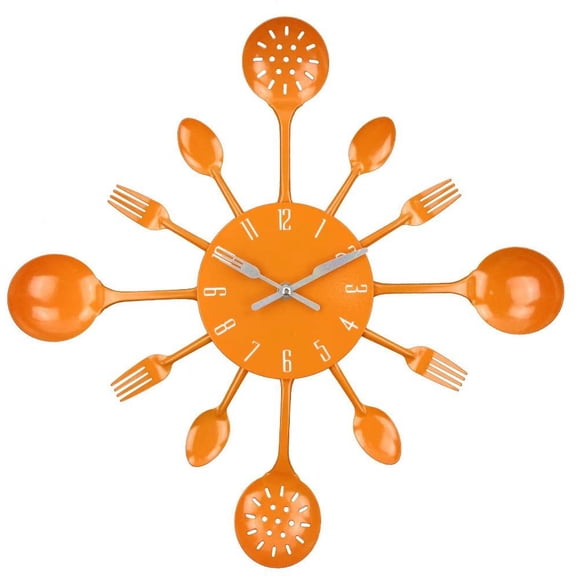 16 Inch Wall Clock Metal Kitchen Cutlery Wall Clock Creative Modern Home Decor Antique Style Wall Watch, Orange