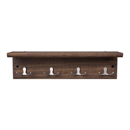 16 Inch Wall Mount Coat Rack, 4 Double Hooks, Wood, Metal, Rustic Brown