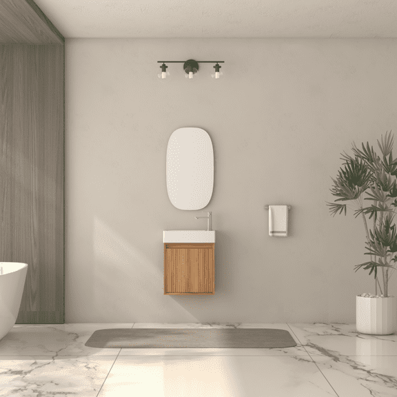 16 Inch Wall Mounted Bathroom Vanity with Acacia Solid Wood Cabinet and White SMC Resin Sink, Modern Moisture Resistant Vanity with Soft Close Door for Small Bathrooms