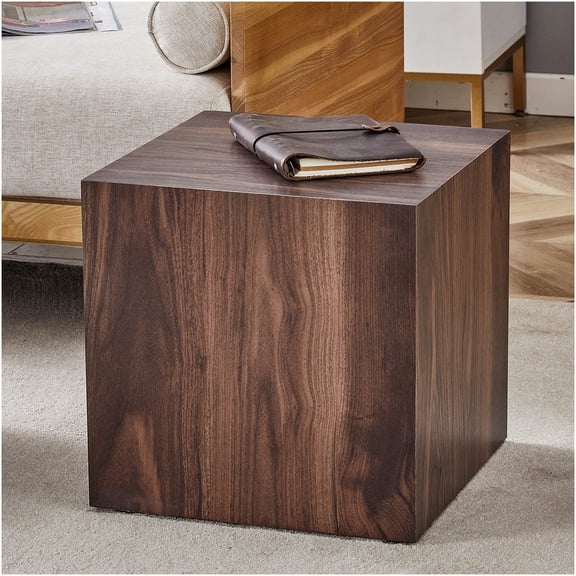 16 Inch Walnut Wood Cube Coffee Table, MDF Side Table with Luxurious Wood Grain Finish for Living Room, Bedroom, or Office
