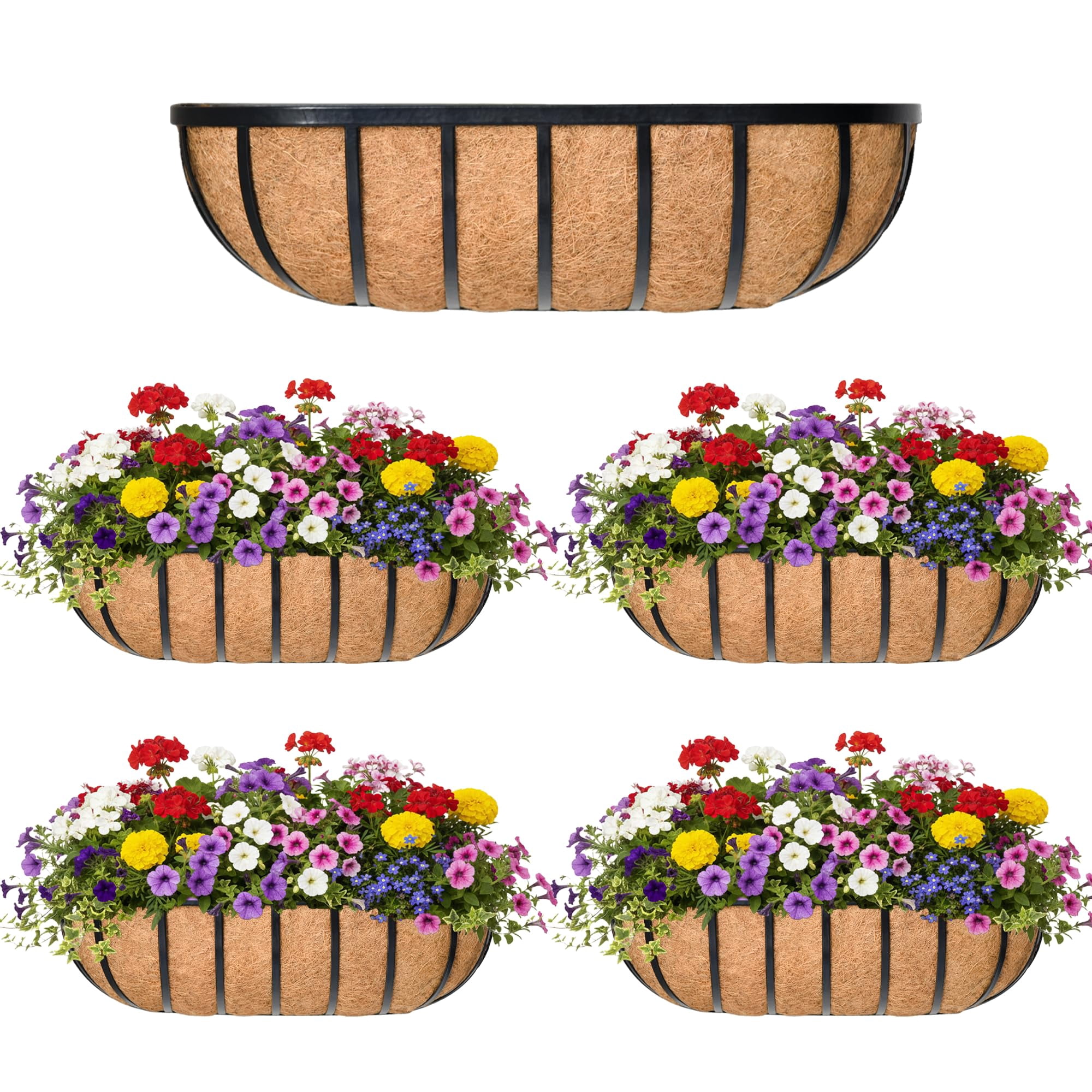 16 Inch Window Box Railing Planter 4 Pack Metal Wall-mounted Coconut Liner Outdoor Deck Balcony Porch Fence Patio