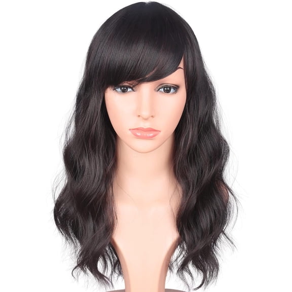 16 Inches Black Mix Brown Fashion Wavy Synthetic Hair Wigs For Black Women With Side Bangs Free Wig Cap (BLACK MIX BROWN(1B/33#))