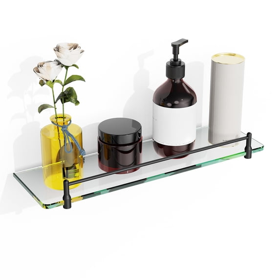 16 Inches Glass Shelves for Bathroom, Matte Black Floating Glass Shelf Stainless Steel Tempered Glass Bathroom Shelves for Wall Mount Modern