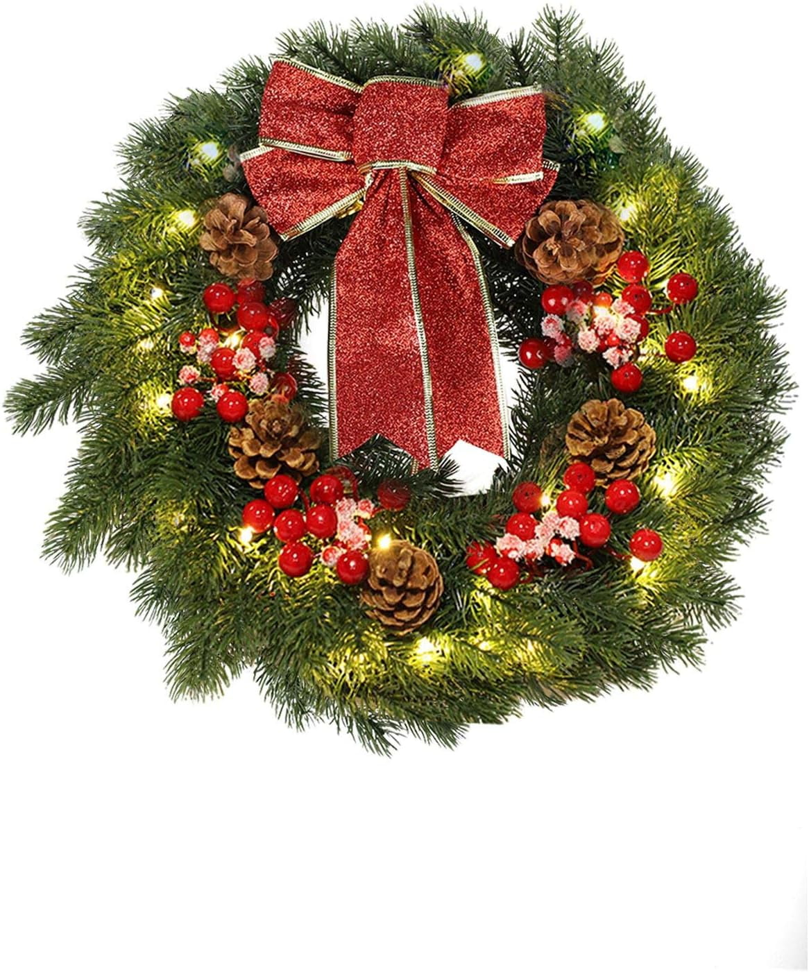 16'' LED Christmas Wreath with Pinecones and Red Bow