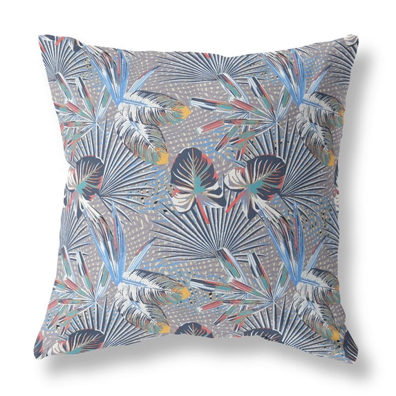 16†Indigo Gray Tropical Indoor Outdoor Throw Pillow