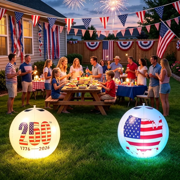 16" Inflatable Glow Globes Solar Powered RGBW Floating Pool Lights, IP68 Waterproof, Color Changing LED Light Up Balls for Outdoor Indoor Pool Decor, Party, Pond Americas 250th Anniversary 2-Pack