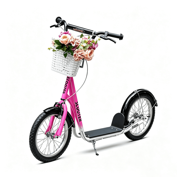16" Inflatable Youth Scooter, Kick Scooter with Adjustable Handlebars, Double Brakes, Basket and Cupholder, Pink