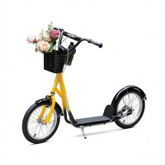 16" Inflatable Youth Scooter, Kick Scooter with Adjustable Handlebars, Double Brakes, Front Basket and Cupholder, Orange