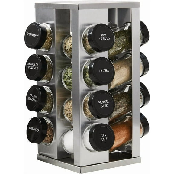 16 Jar Revolving Countertop Spice Rack Organizer with Free 5-Year Spice Refills, Brushed Stainless Steel, Black Caps Included