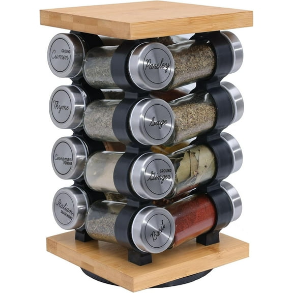 16 Jar Rotating Bamboo Spice Rack with Spices Included & 5-Year Spice Refill Program Compact Countertop Spice Rack with Glass Jars