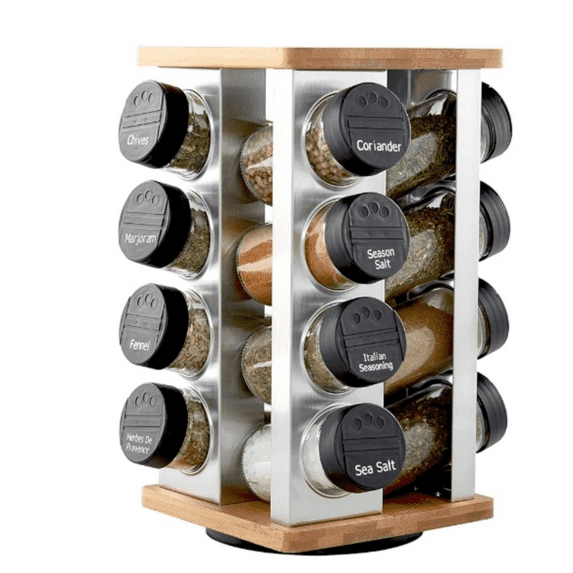 Revolving Countertop Spice Rack Organizer with Lift & Pour Caps and Spices Included, Stainless Steel & Bamboo with Black Caps