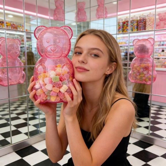 16" Jumbo Gummy Bear Gift Container - Clear Bear-Shaped Plastic Candy Box - Large Reusable Party Favor Jar for Valentine’s Day & Holidays - Whimsical Festive Decor & Oversized Treat Storage (Pink)