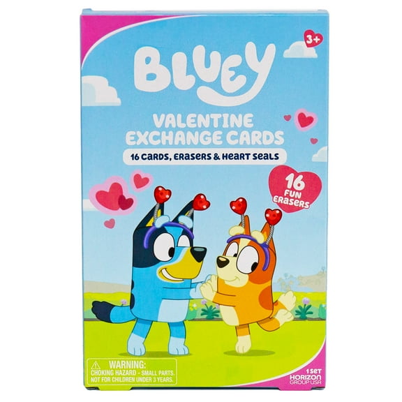 Bluey Valentine Exchange Cards Set with Mini Erasers and Heart Seals - 16 Cards