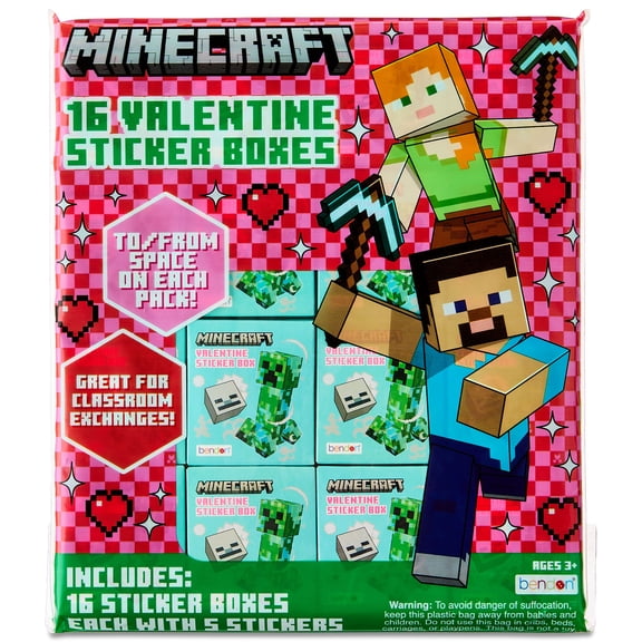 Minecraft Valentines Day Cards, 16 Classroom Exchange Greeting Cards with Stickers for Kids