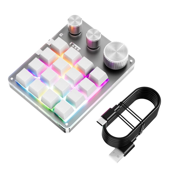 16-Key Customizable Programming Keypad, 3 Knobs Macro Mechanical Keyboard, Bluetooth/Wireless/Wired Gaming Pad, White