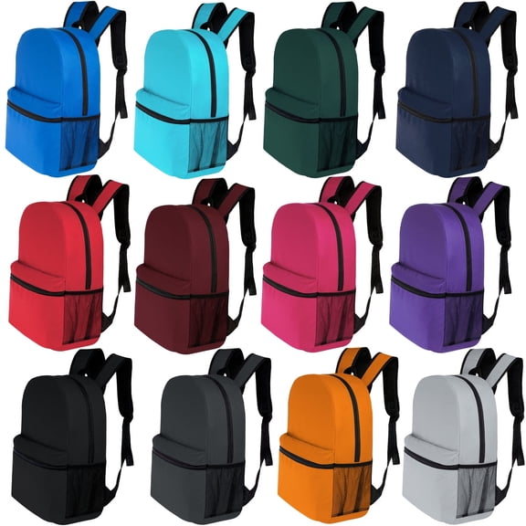 16 Inch Backpack Basic School Bag with Side Pocket, 12 Colors, Bulk Case of 24