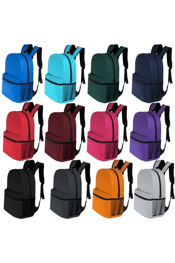 16 Inch Backpack Basic School Bag with Side Pocket, 12 Colors, Bulk Case of 24