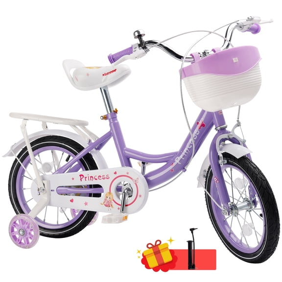 Girls Bike for Toddlers and Kids Ages 4-9 Years Old, 16 18 Inch Kids Bike with Flashing Training Wheels & Basket,Girls Bicycle with Handbrake & Kickstand, Pink/Purple