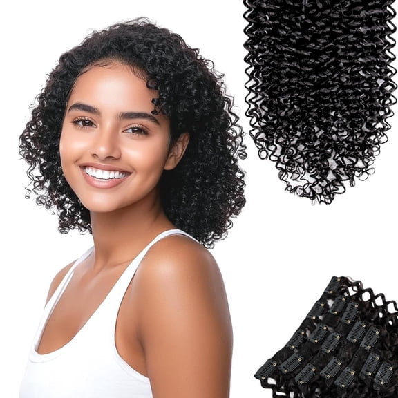 16" Kinky Curly Clip In Extensions, Luxurious Thickness, Premium Brazilian Remy Hair Clip Ins, Invisible & Scalp-Friendly, Natural Black Color, 4.23oz, 7Pcs