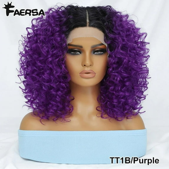 16" Kinky Curly Synthetic Lace Front Wig Black Blonde Wigs For Women Glueless Female Ginger Purple Heat Resistant Natural Hair TT1B-Purple 180%