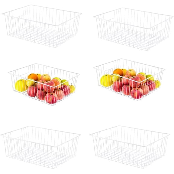 16" L x 12" W Wider Freezer Storage Organizer Baskets Container, Deep Metal Wire Chest Upright Refrigerator Divider Bins with Built-in Handles for Cabinet, Pantry, Closet, Kitchen, Pearl White