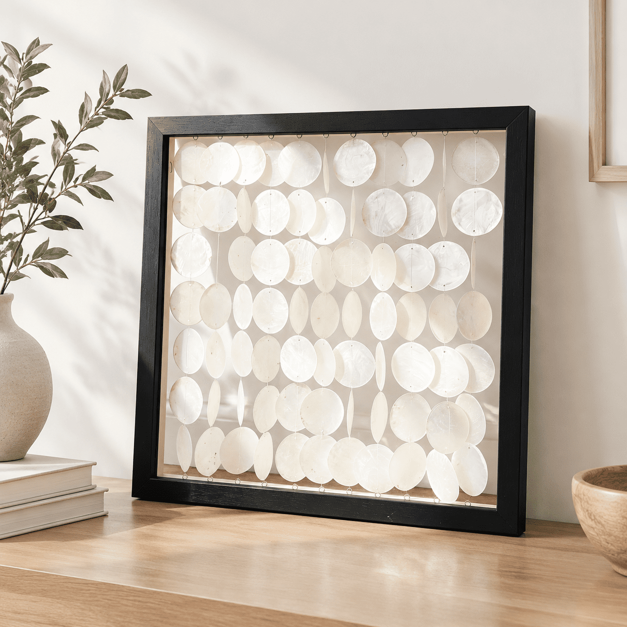 16"L x 16"W Handmade Capiz Shell Wall Hanging Art with Black Wood Frame ...